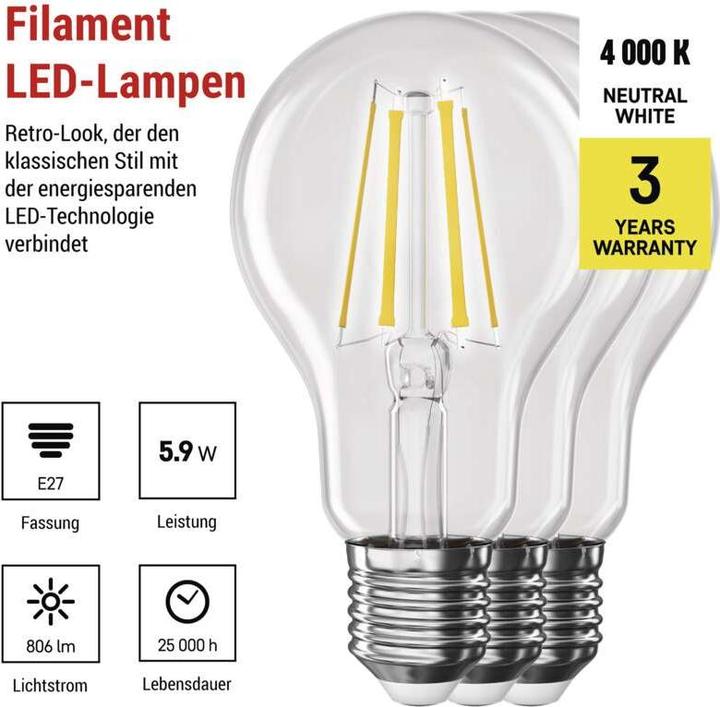 Image du produit Emos LED FLM A60 5,9W(60W) 806lm E27 NW 3PC (E27, 806 lm, 3x)