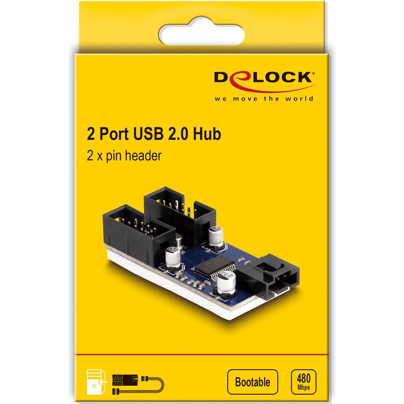 Thumbnail - Delock USB 2.0 Pfostenstecker Hub 2 Port (USB-B, 2 Ports), Dockingstation + USB Hub, Schwarz, Blau