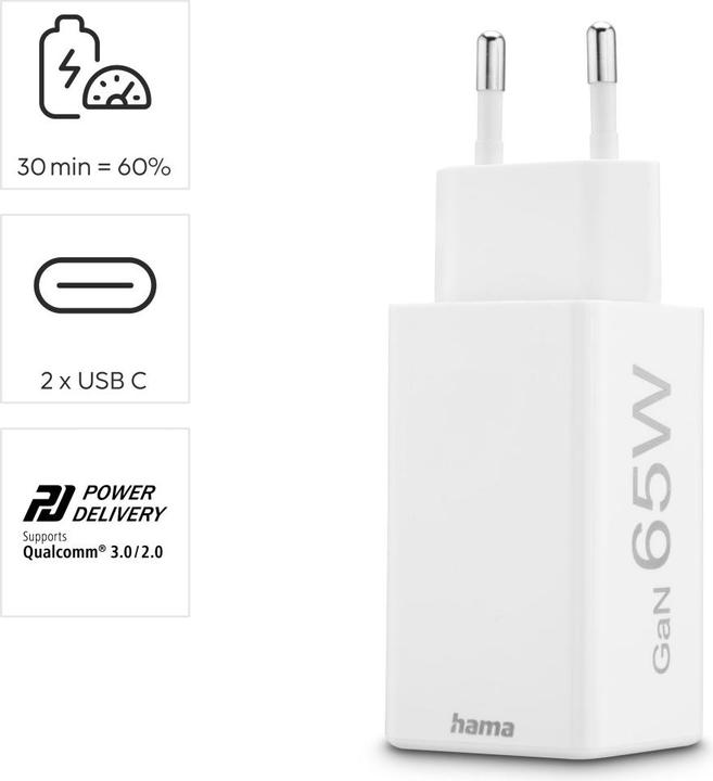 Produktbild Hama Schnellladegerät, GaN, 2x USB-C, PD/Qualcomm®, Mini-Ladegerät, 65 W, Weiss (65 W, 2 Ports)