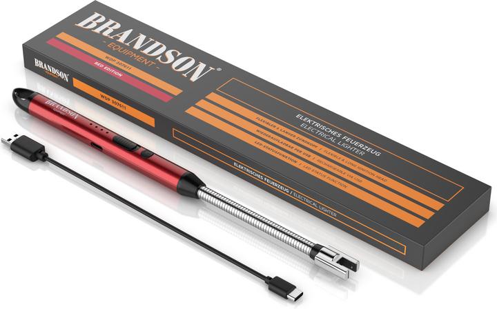 Actual product image Brandson Feuerzeug elektrisch, Lichtbogen Stabfeuerzeug USB aufladbar, flexibler Hals, Kaminanzünder, rot