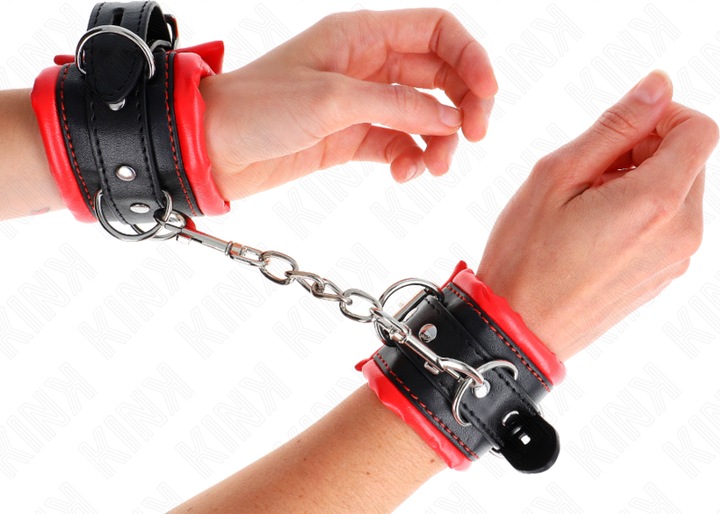 Actual product image Kink Heavy Wrist Cuffs With Red Fur Lining, Adjustable 20-30 cm X 6 cm