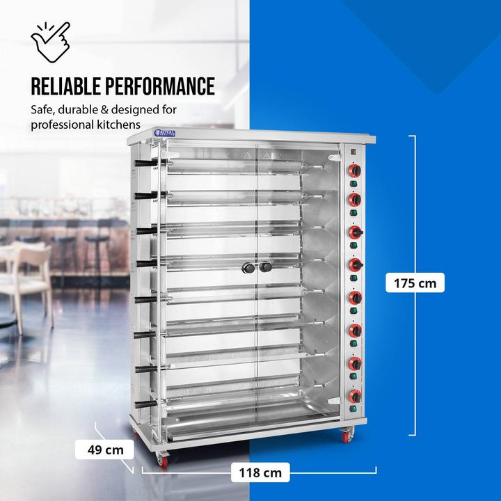 Produktbild Royal Catering Gas-Hähnchengrill 8 Spiesse mit Beleuchtung und Rädern 8 x 5 kW Edelstahl