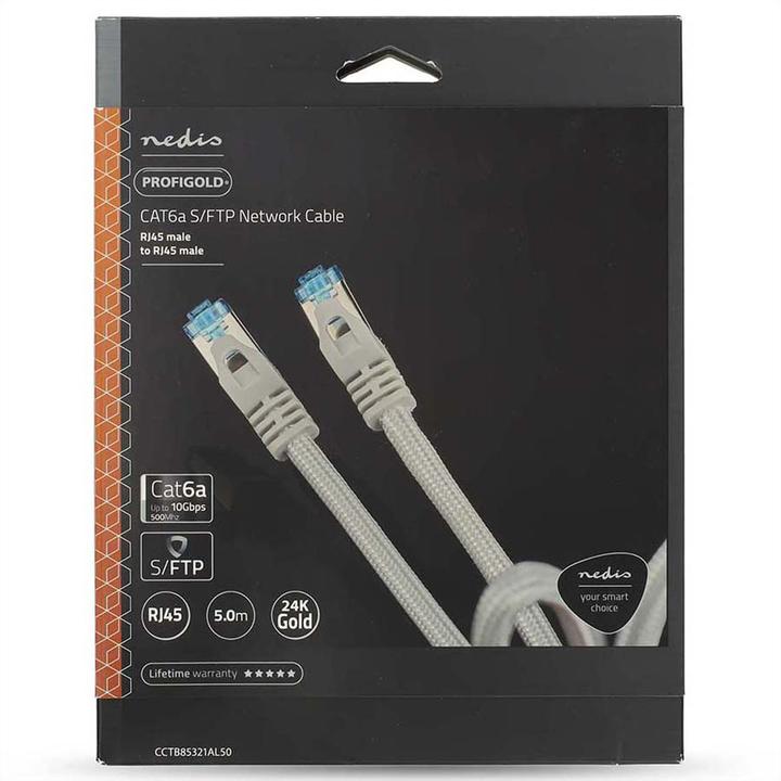 Actual product image Nedis Cat 6a Cable S/FTP RJ45 Plug RJ45 Plug 10.0 m Snagless Round Braided/PVC Silver Packaging (S/FTP, CAT6, 10 m)