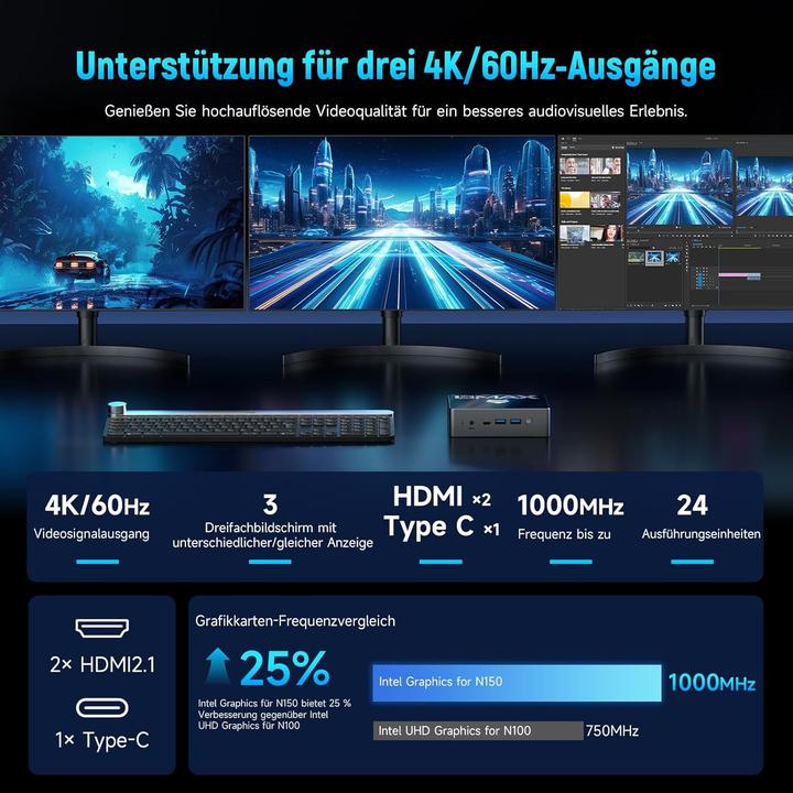 Image du produit Bmax Mini PC B4 Turbo Twin Lake mit Triple 4K Display, W-11Pro (Intel N150, 16 Go, 1000 Go)