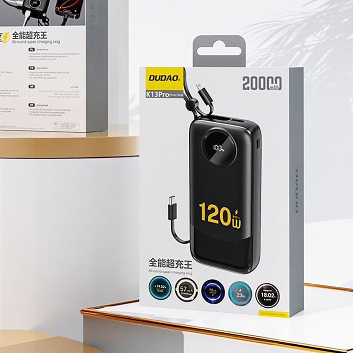 Actual product image Dudao K13Pro 20000mAh Powerbank mit integriertem Kabel - Schwarz (20000 mAh, 22.50 W)
