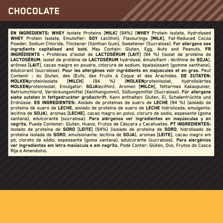 Valori nutrizionali e ingredienti Optimum Nutrition Isolato Gold Standard (Chocolate, 1 pz., 930 g)