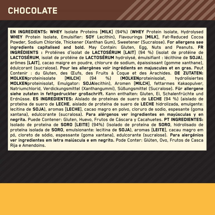 Nutritional values and ingredients Optimum Nutrition Gold Standard Isolate (Chocolate, 1 pcs., 930 g)