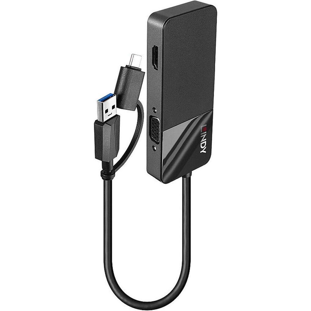 Lindy Adattatore video USB tipo A maschio a HD-15 (VGA), HDMI (USB-C, USB-A, 1 porzione), Docking station + Hub USB, Nero