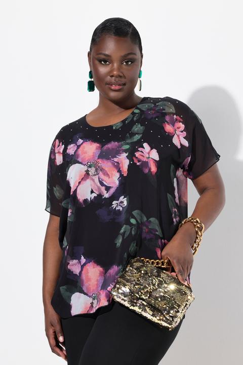 Immagine prodotto Ulla Popken Blusa a doppio strato dal taglio svasato con chiffon, scollo a girocollo e mezze maniche (46, 48)
