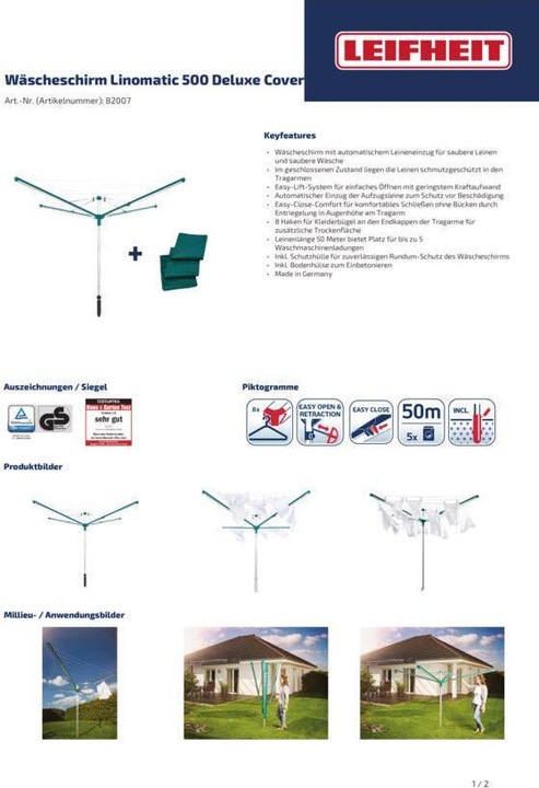 Actual product image Leifheit Linomatic 500 Deluxe Cover laundry umbrella (50 m)