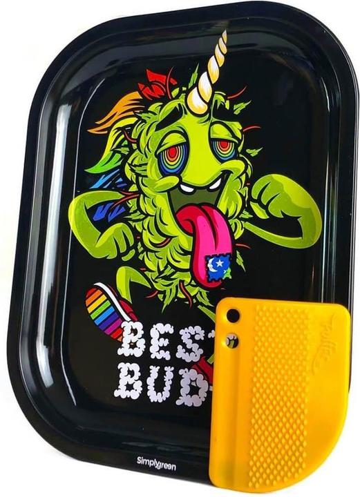 Best Buds Metal Rolling Tray S LSD with Magnetic Grinder Card 140 x 180mm
