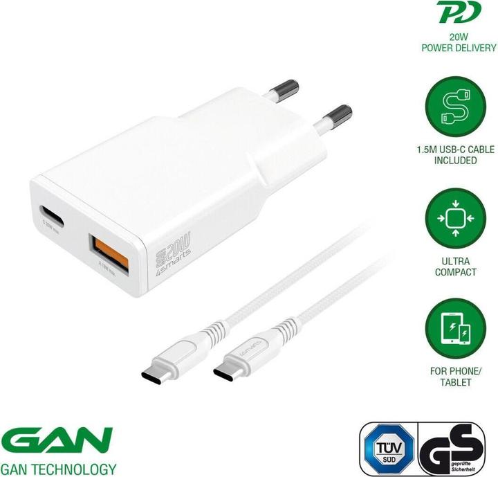 Immagine prodotto 4smarts Netzladegerät PDPlug Slim Duos GaN 1C+1A, weiss (20 W)