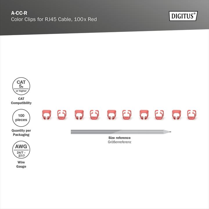 Produktbild Digitus Farbclips für RJ45-Kabel Farbe Rot, 100 Stück Packung (CAT5e, 0.01 m)