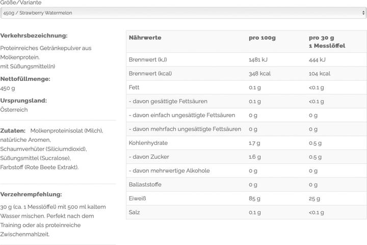 Valori nutrizionali e ingredienti Vast AWHEY Clear (Anguria, Fragola, Limone e lime, 1 x, 450 g)