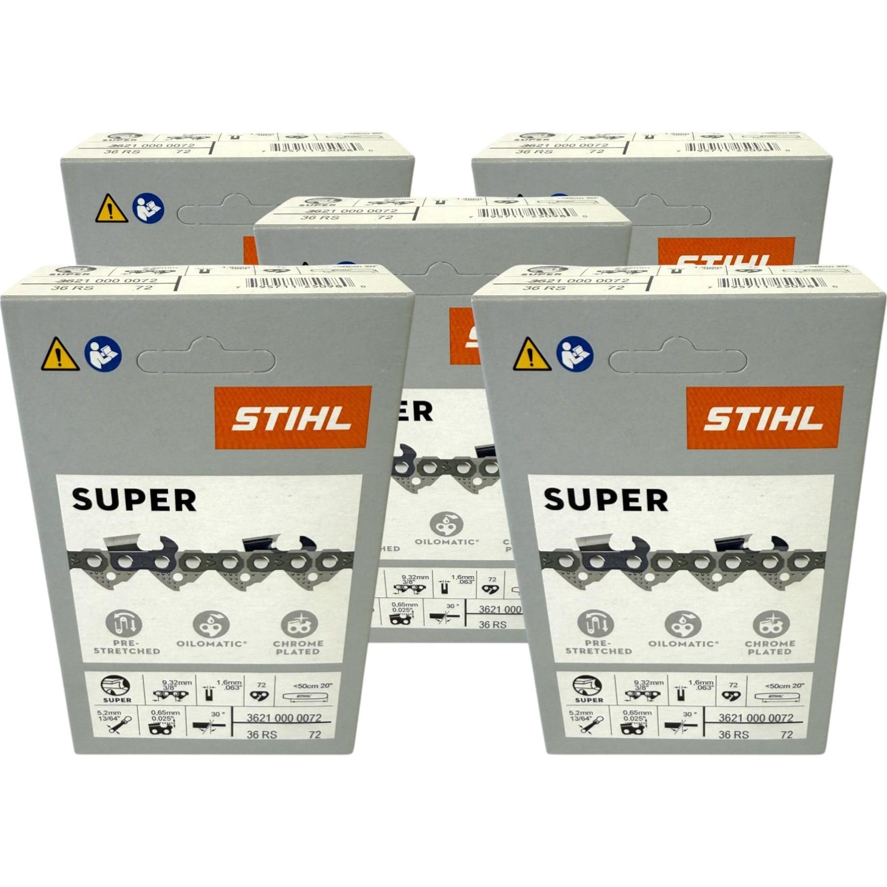 Stihl, Accessori per macchinari da giardino, Catena 5x 3/8" Rapid Super 3 (RS3) 50 cm 3/8" 1,6 mm 72 TG 5 pezzi ( 5x 36260000072 ) (Motosega, Sega a c