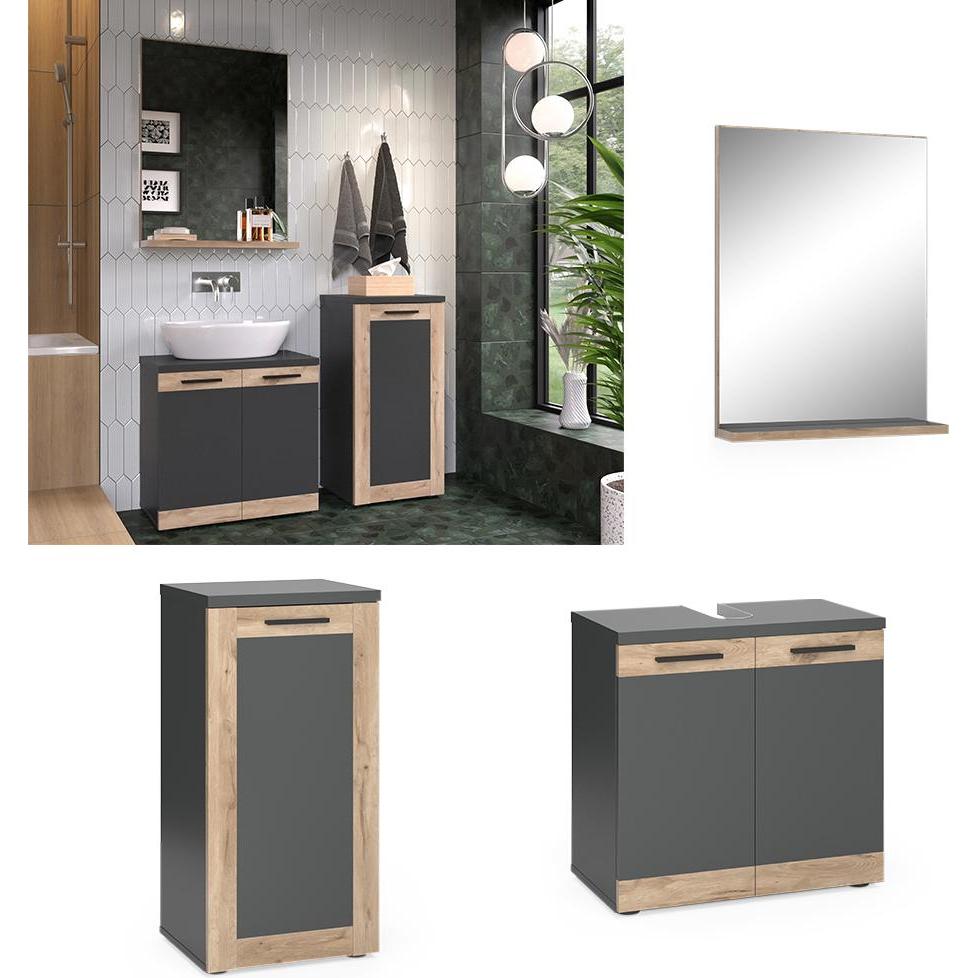 Vicco, Badmöbelset, Badmöbel-Set Niko, Anthrazit/Viking Oak, mit Midischrank