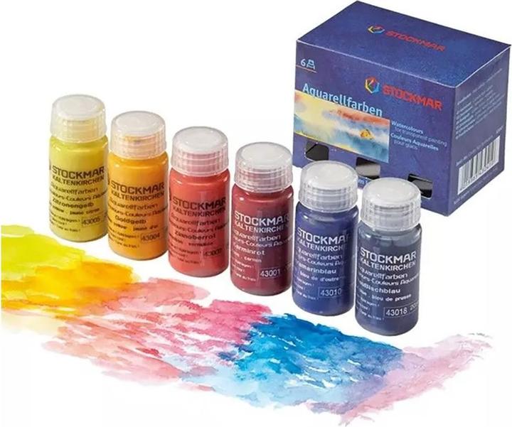 Stockmar Aquarell-Farben, 6 Stück - Grundsortiment (02 Zinnoberrot, 01 Karminrot, 05 Zitronengelb, 18 Preussischblau, 10 Ultramarinblau, 04 Goldgelb, 20 ml)