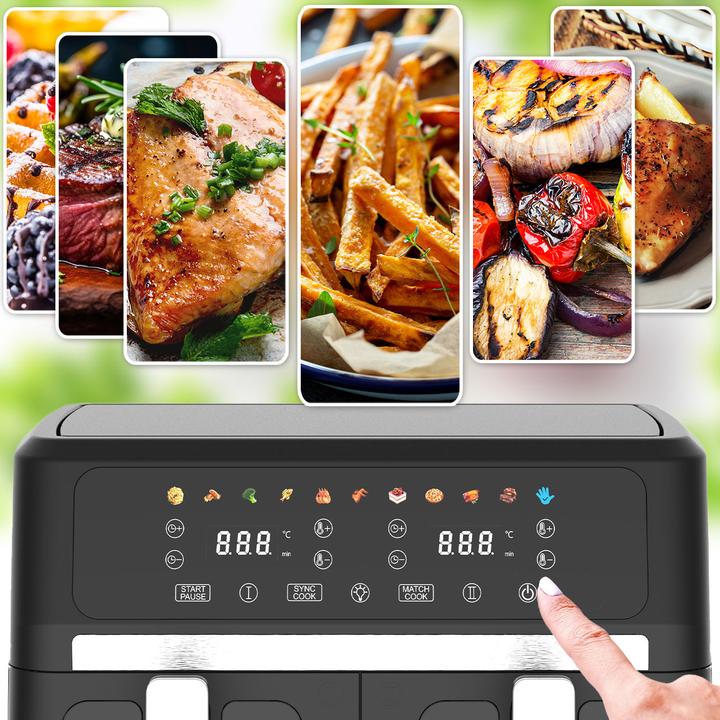 Produktbild Casativo Doppelkorb Heissluftfritteuse 9L Dual Zone Air Fryer – 2x 4,5L Körbe mit Sichtfenster 2400W – LED To