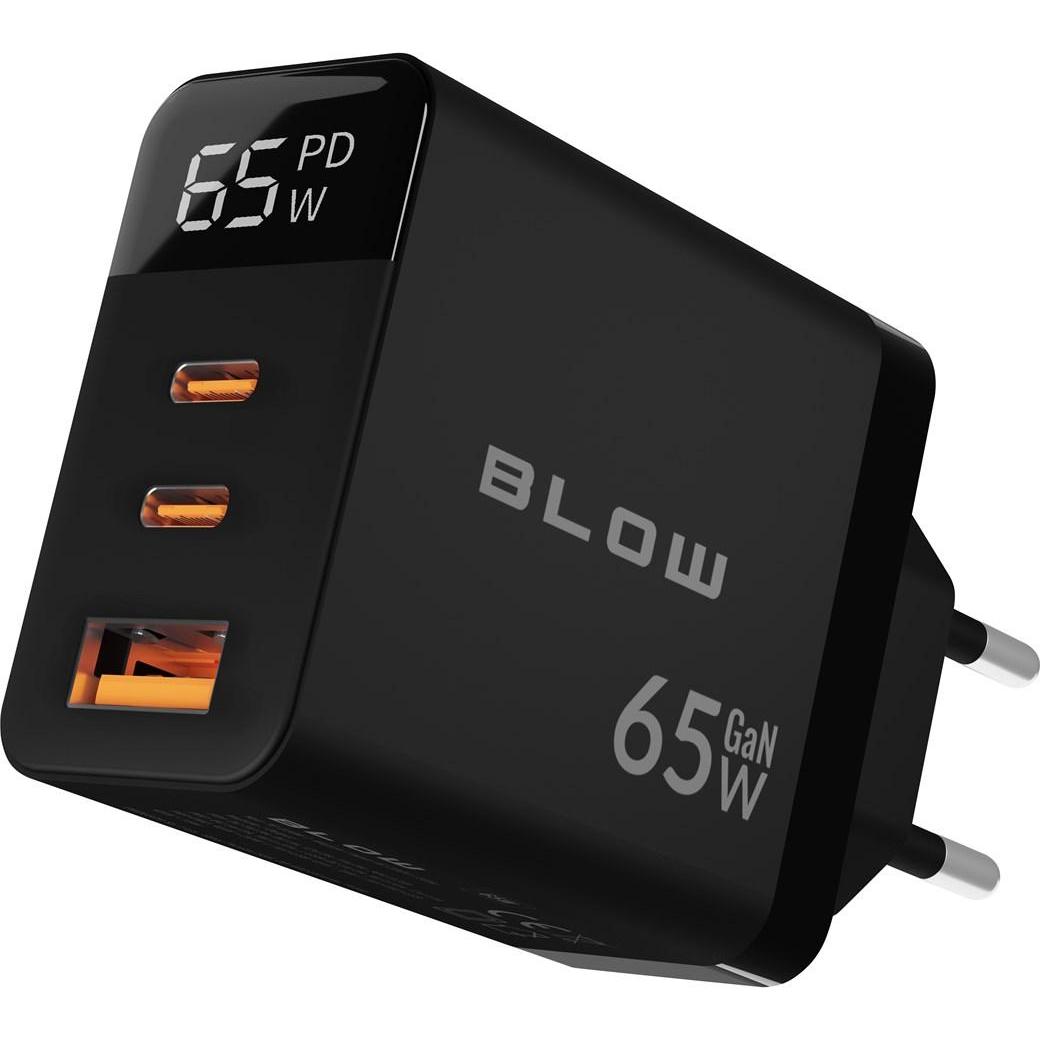 Blow LCD-Wandladegerät mit USB-Anschluss + 2x USB-C PD 65W GAN-Wattmeter (schwarz) (65 W), Caricatore USB, Nero