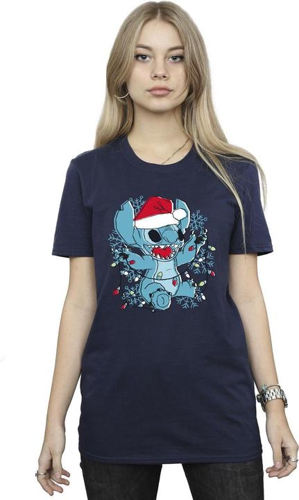Actual product image Disney Womens/Ladies Lilo And Stitch Christmas Lights Sketch Cotton Boyfriend T-Shirt (XXL)