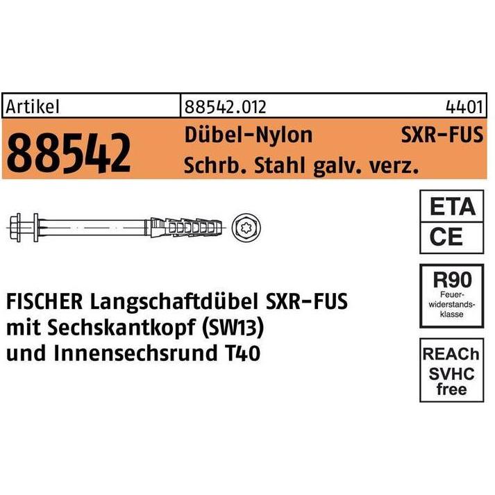 Thumbnail - Fischer, Dübel, Rahmendübel R 88542 SXR 10x160 FUS Schraube Stahl galv. verz./Dübel-Nylon (50 Stk.)