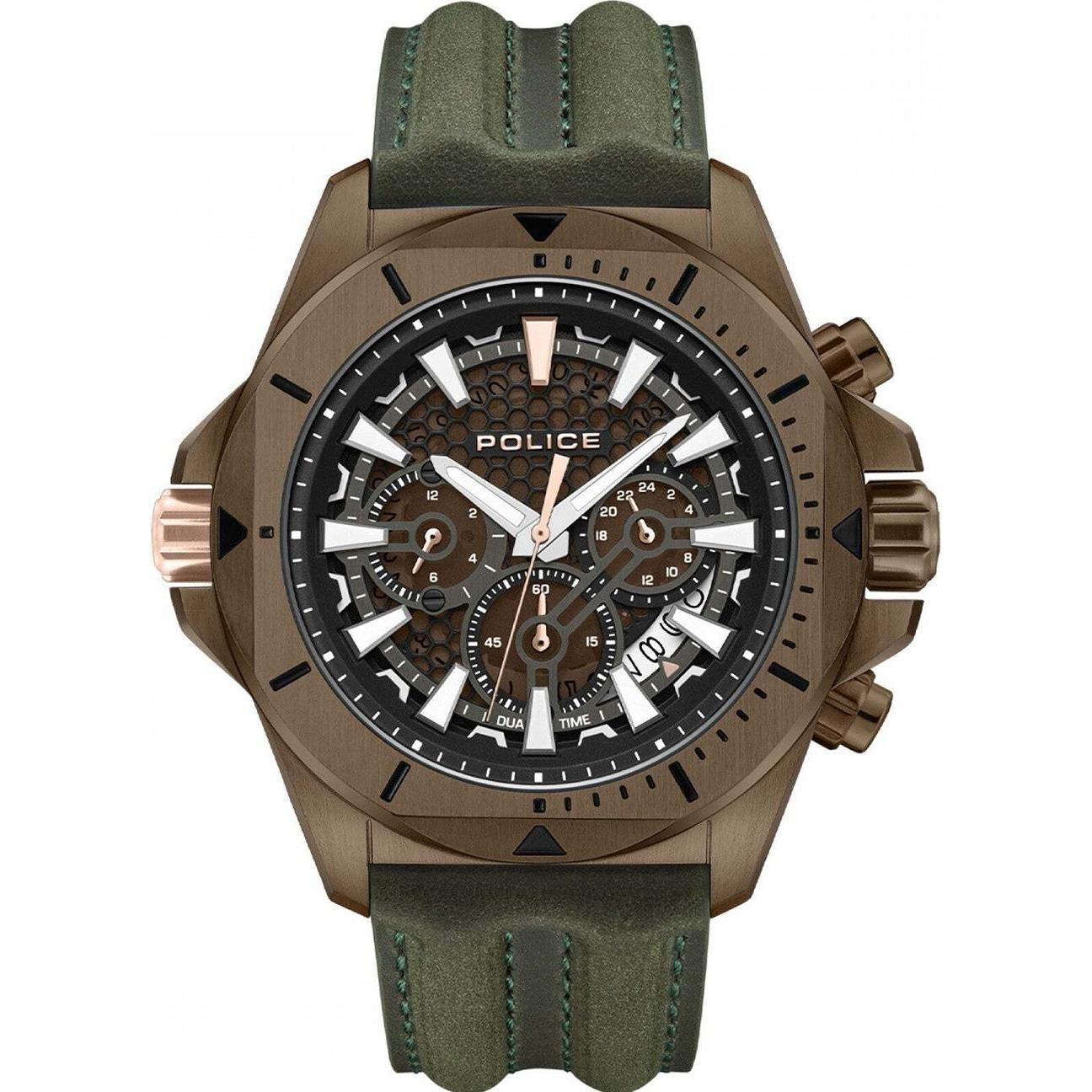 Police, Orologio da polso, PEWGF0054502 Electrical, Oro, Verde, Marrone, (Orologio da polso analogico, 46 mm)