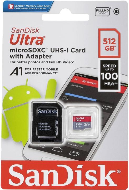 Produktbild SANDISK microSDXC Ultra + Adapter Android (512 GB, microSDXC, U1, UHS-I)