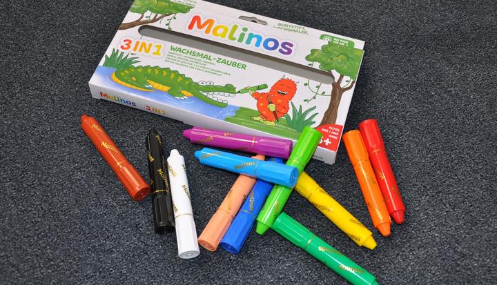 Produktbild Malinos Wachsmalstifte 3-in-1 (Schwarz, Braun, Dunkelblau, Hellblau, Hellgrün, Lila, Weiss, Rot, Grün, Gelb, Orange, Rosa, 12 x)