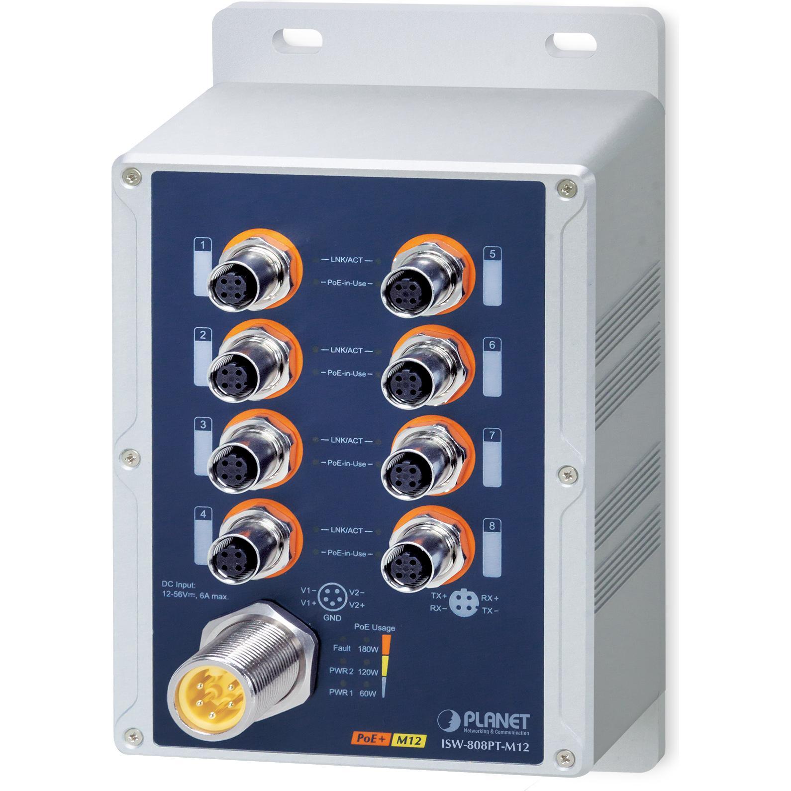 Planet Industrial 8-Port M12. 4pin 802.3at PoE+ Switch (8 Ports), Netzwerk Switch, Blau, Grau