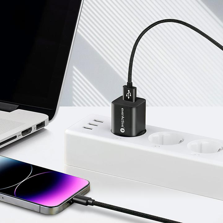 Produktbild Everactive USB Lightning Kabel 1m - Schwarz geflochten Schnellladeunterstützung 2.4A - CBB-1IB (1 m, USB 2.0)