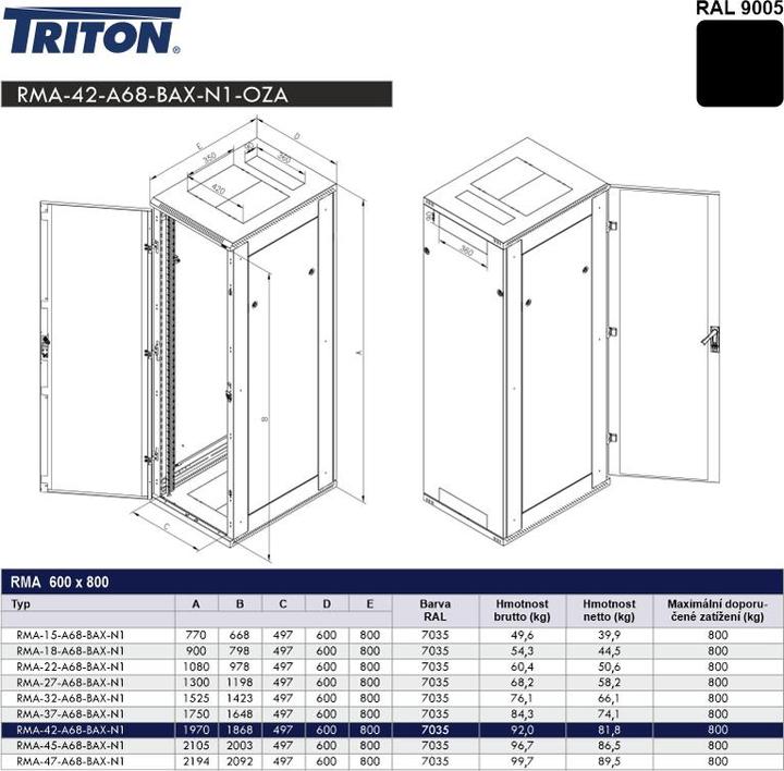 Produktbild Triton Rack cabinet 42U 600x800 black, rear cover mesh 80% (42 HE, 19 Zoll Rack)