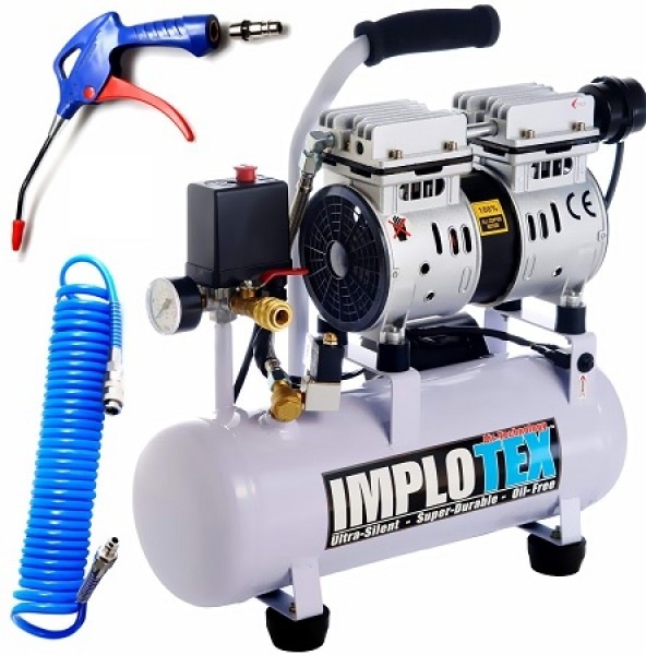 Produktbild Implotex - Flüsterkompressor 480W, 48dB leise, ölfrei Kompressor inkl. Ausblaspistole und Drucklufts (8 Bar, 9 l)