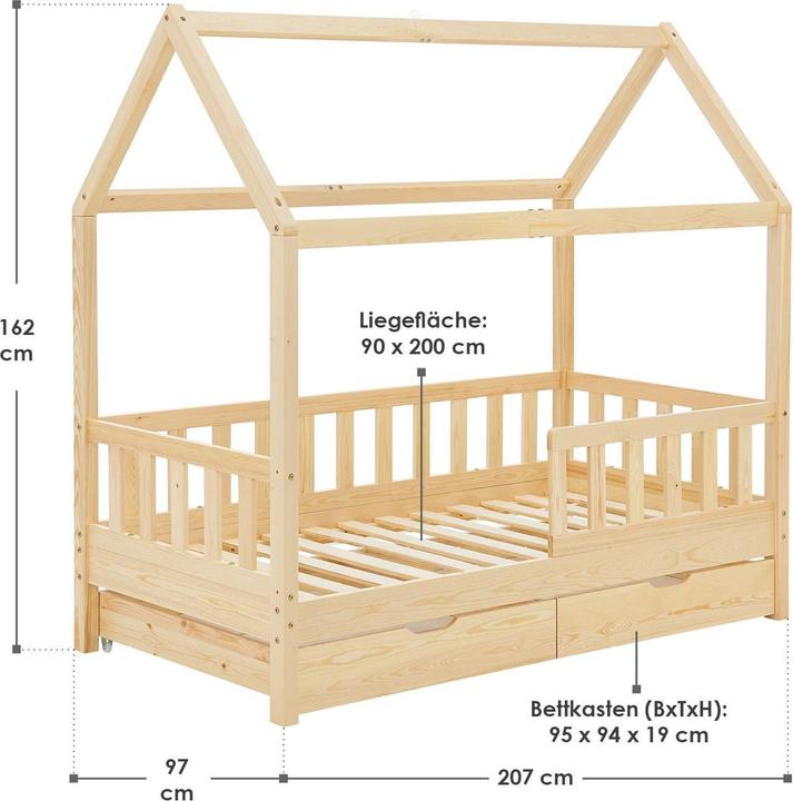 Image du produit Juskys Kinderbett 90x200cm mit Bettkasten Marli - Natur (90x200)