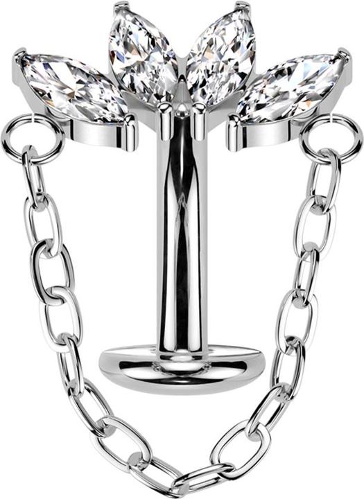 Produktbild Star Piercing Threadless Labret-Stab Banane silber Fächer vier Kristalle silber mit Anhänger Kette (ohne Messing, Titan)