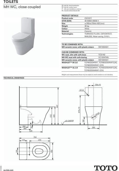 Produktbild TOTO MH Stand-WC tief, randlos, Abgang waagerecht weiss