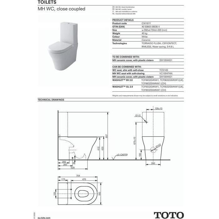 Thumbnail - TOTO, Toilette + Bidet, MH Stand-WC tief, randlos, Abgang waagerecht weiss
