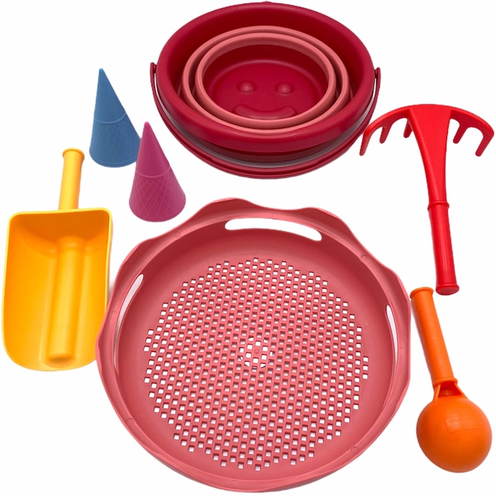 Actual product image Schildkröt Sand Toys folding bucket set red 9x22 cm, 7 parts, bucket 3l, sieve, accessories, from 18 months