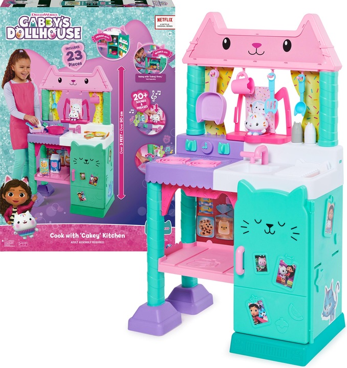 Gabby's Dollhouse Gabby's Poppenhuis, Kinderkeukenset Cakey met Speelkeuken Accessoires, Speelgoed Eten, Geluid Eff