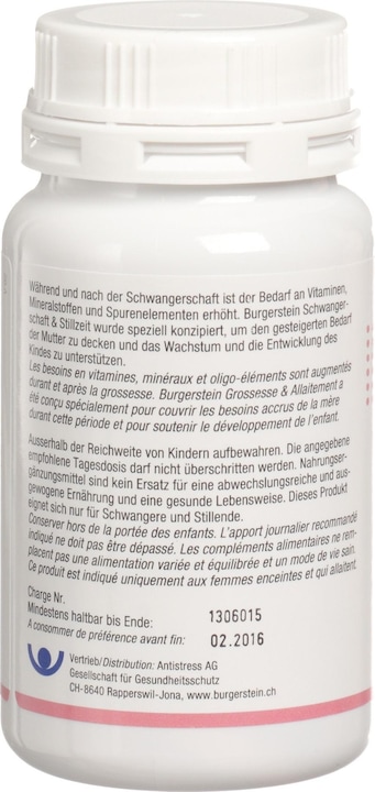 Nutritional values and ingredients Burgerstein Pregnancy and lactation (100 Piece, Pills, 135 g)