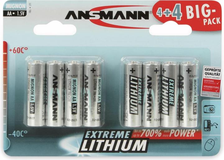 Productafbeelding Ansmann 4+4 Extreme Lithium AA Mignon LR 6 Grootverpakking (8 Pcs., AA, 2850 mAh)