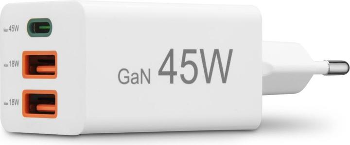 Actual product image Hama Fast charger, GaN, 1x USB-C PD, 2x USB-A QC, mini charger, 45 W, white (45 W, 3 ports)
