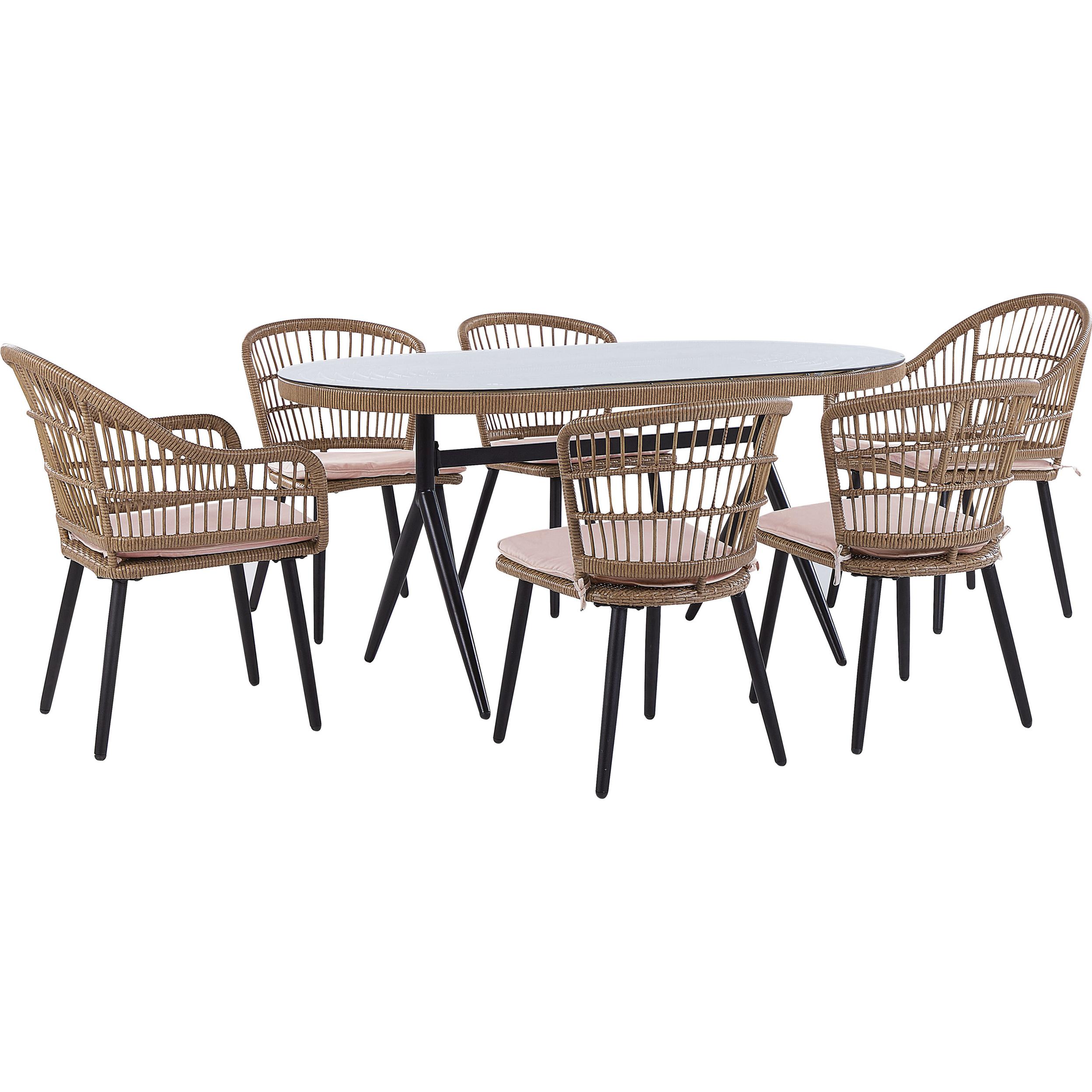 Beliani, Gartentisch + Balkontisch, Gartenmöbel Set Rattan natürlich 6-Sitzer Auflagen rosa ALIANO II (159 cm)