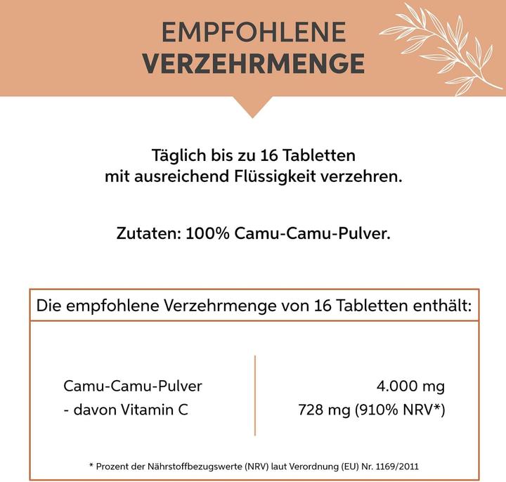 Valeurs nutritives et ingrédients Eltabia Camu Camu en comprimés | 250mg Tabs vitamine C naturelle qualité crudité (400 pièce(s), Cachets)