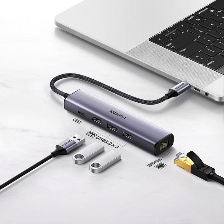 Actual product image Ugreen Gigabit Ethernet Adapter Hub mit USB PD (USB-C, 4 Ports)