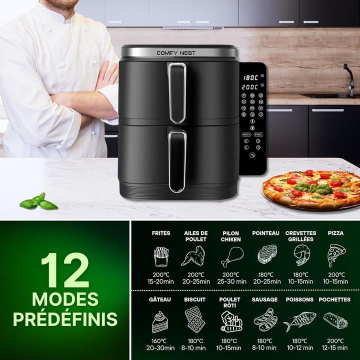 Image du produit Comfy Nest Friteuse à double panier avec écran tactile numérique et technologie Rapid Air