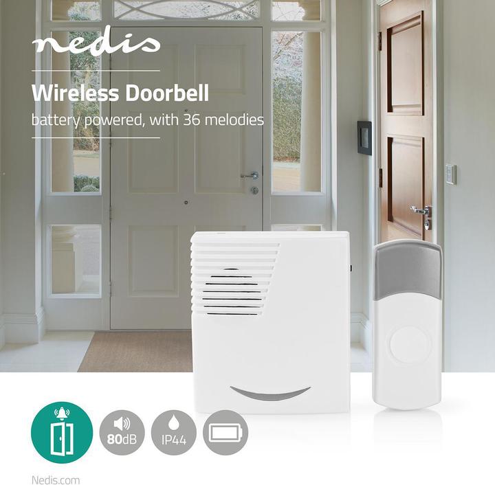 Actual product image Nedis DOORB211WT Radio Bell Set Battery Operated 3V DC 2X AA 1x CR2032 Batteries Included Loudness (Funk)