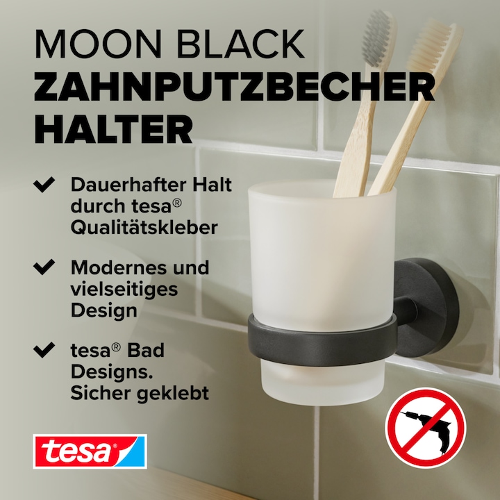 Produktbild tesa MOON BLACK Zahnputzbecher inkl. Klebelösung ohne Bohren (9 x 13.5 x 18 cm)