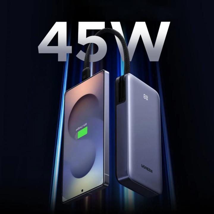 Actual product image Ugreen PB536 20.000mAh 45W power bank 1x USB-A 1x USB-C 1x integrated USB-C cable (20000 mAh, 45 W)