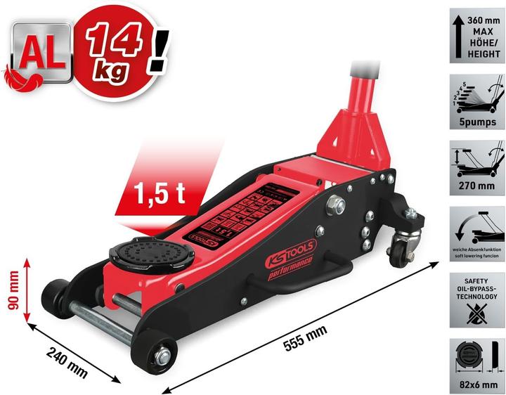 Produktbild KS Tools performance Hydraulischer Aluminium-Wagenheber, 1500 kg, Hubhöhe: 90-360 mm