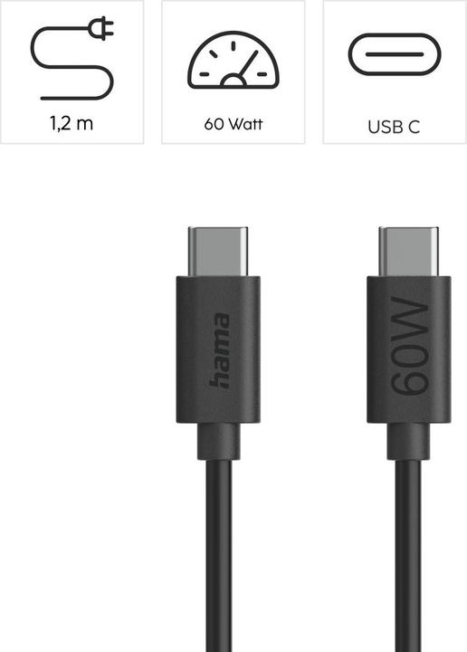 Immagine prodotto Hama USB-Kabel, USB-C - USB-C, 1,2 m, Schwarz (1.20 m, USB 2.0, 60 W)